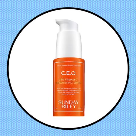 Summer Friday C.E.O. 15% Vitamin C Brightening Serum in white circle overlaid a blue dotted background
