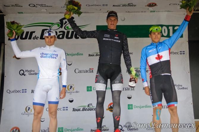 Tour de Beauce stage 1 podium: Jasper Stuyven (Bontrager), 2nd Guillaume Boivin (Canada National Team), 3rd Andrea Peron (Novo Nordisk)