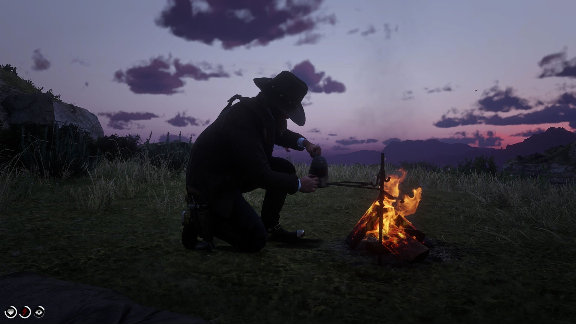 Red Dead Redemption 2 screenshot of Arthur Morgan pouring coffee at a campfire