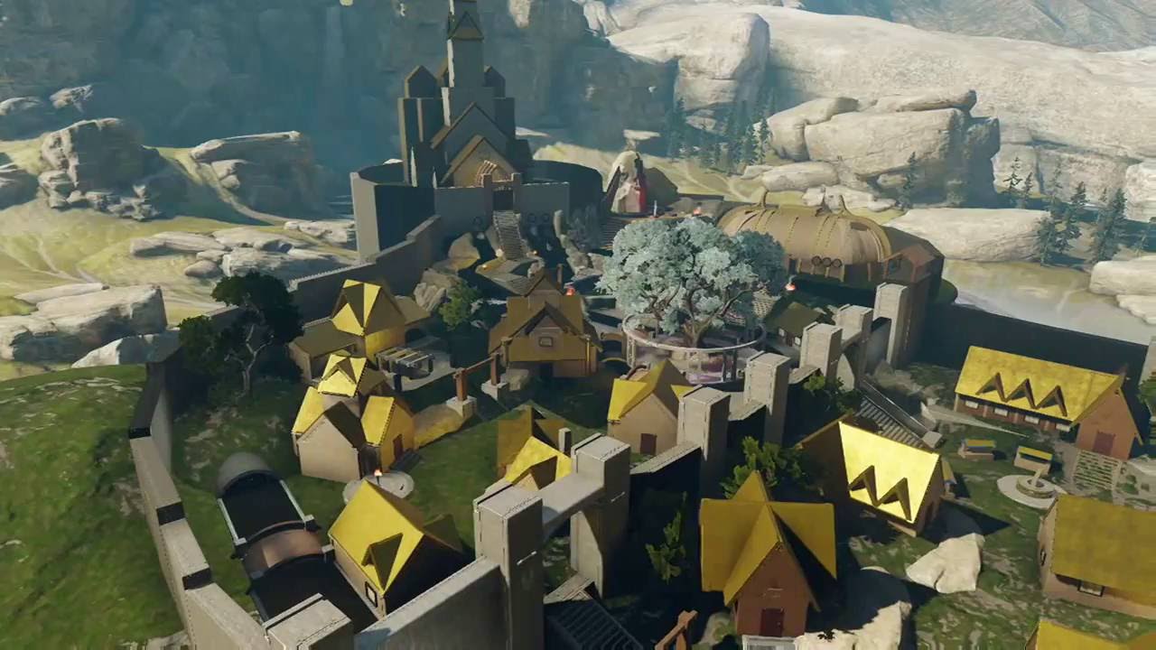 An image of CaptainDireWolf's Whiterun map for Halo 5, showing the town from the air.