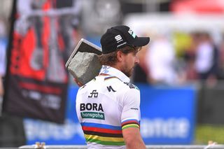 Peter Sagan holds his cobble trophy after winning Paris-Roubaix