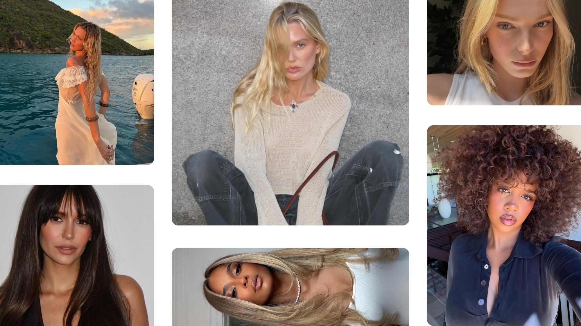 A collage of images of celebrities and tastemakers wearing different summer hairstyles.
