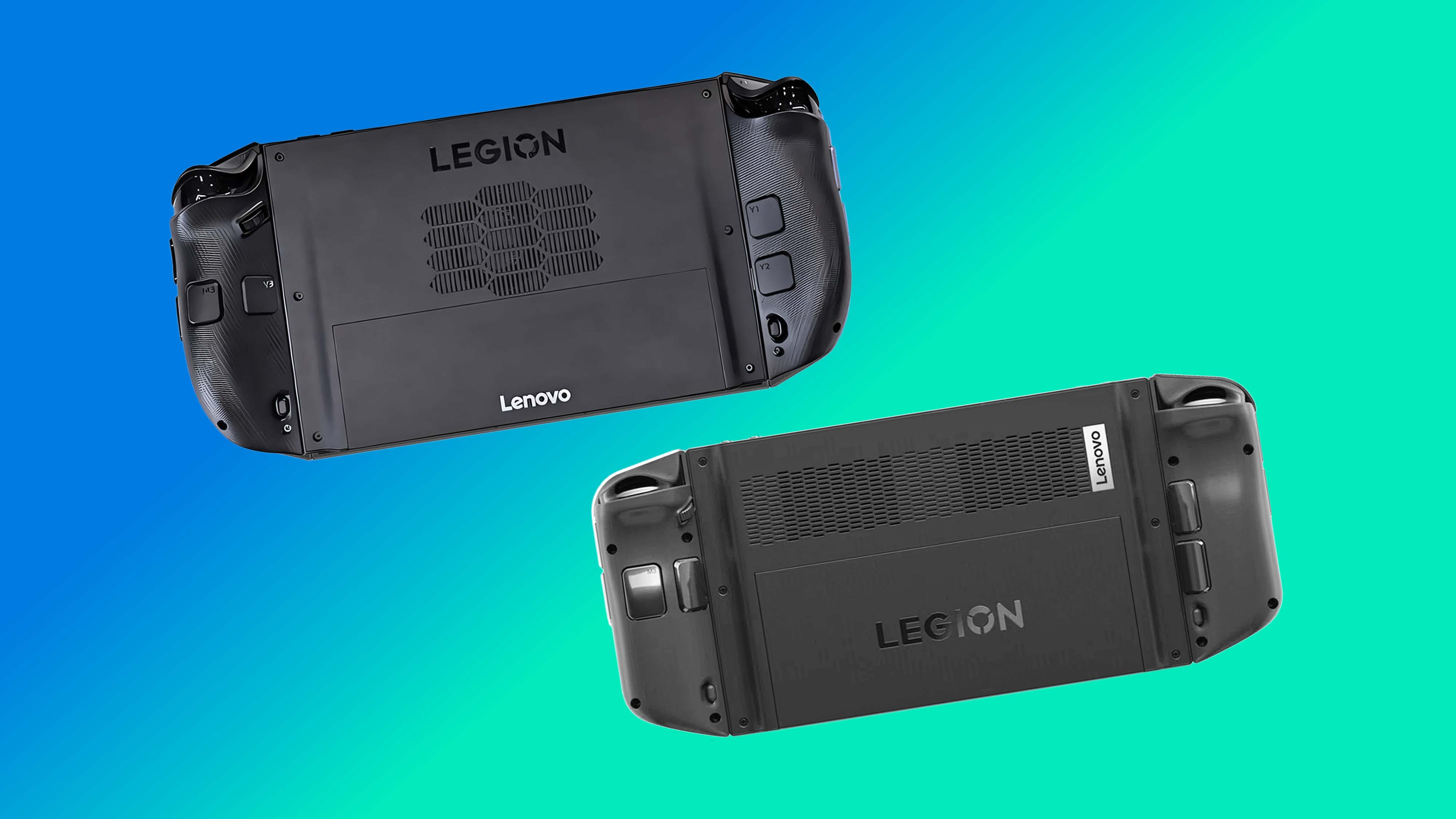 The backsides of the Lenovo Legion Go 2 and original Legion Go hovering on a blue and green background.