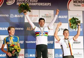 Elite men's time trial podium: Gustav Larsson (Sweden), Fabian Cancellara (Swtizerland), Tony Martin (Germany)