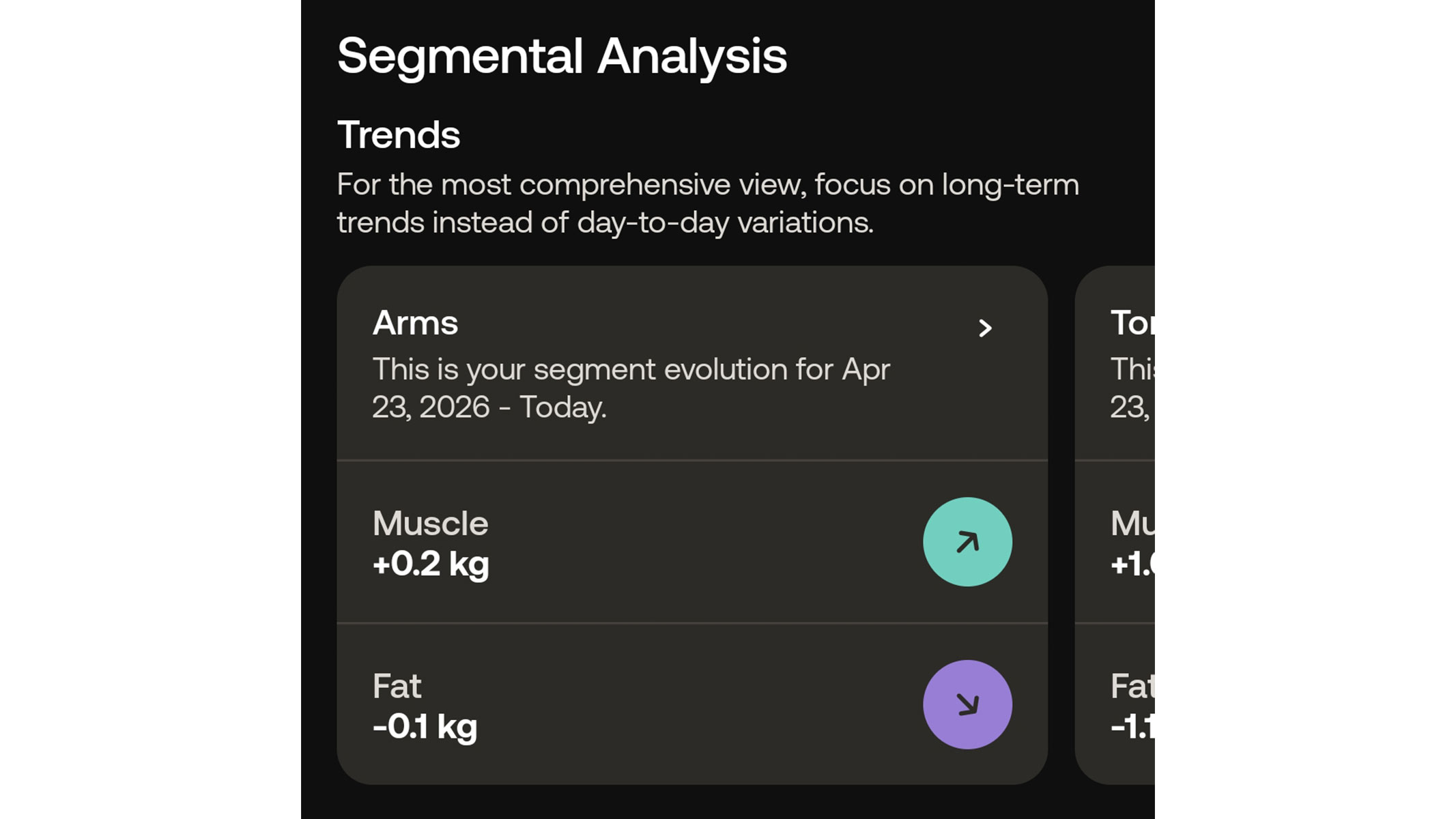 A screenshot of our reviewer's segmental body composition stats from the Withings app