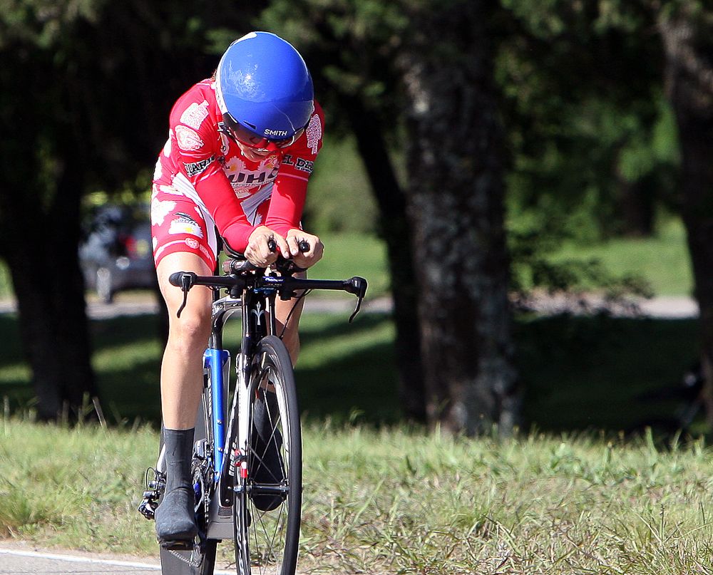 Katie Hall in the climber's jersey during the San Luis time trial.