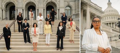 Congresswomen Bonnie Watson Coleman, Ilhan Omar, Pramila Jayapal, LaMonica McIver, Nancy Pelosi, Jasmine Crockett, and Yvette Clarke, Sara Jacobs, Jahana Hayes, Ayanna Pressley, Emilia Sykes, and AOC.