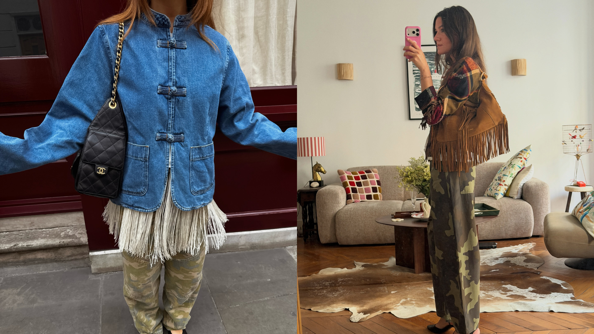Collage of women wearing camo-pant outfits in 2026.