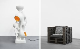 LEFT: White unsually sculptured lamp with orange glass set against a white background; RIGHT: A sofa with the base created using crates and a textured printed fabric for the cushion