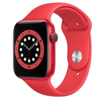 Punainen Apple Watch 6 valkoisella taustalla