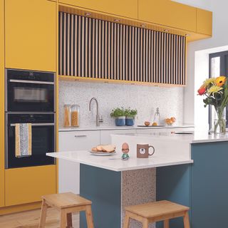 Kitchen with panelled cabinet and yellow cupboards