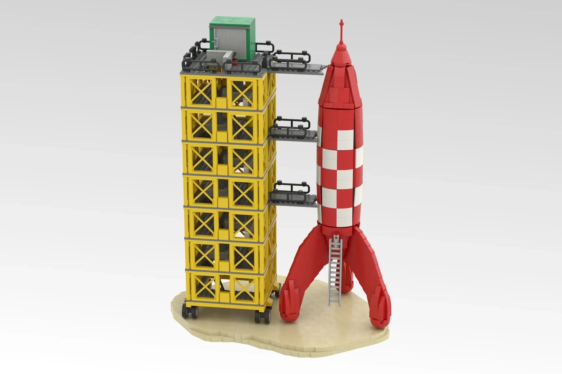 The Tintin LEGO rocket set from multiple angles with the tower