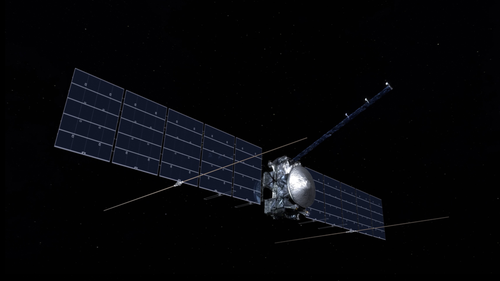 An illustration of a satellite with solar panels floating in the darkness of space