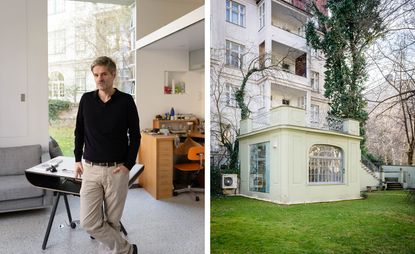 Hauser in his Viennese garden atelier and external shot of the atelier.