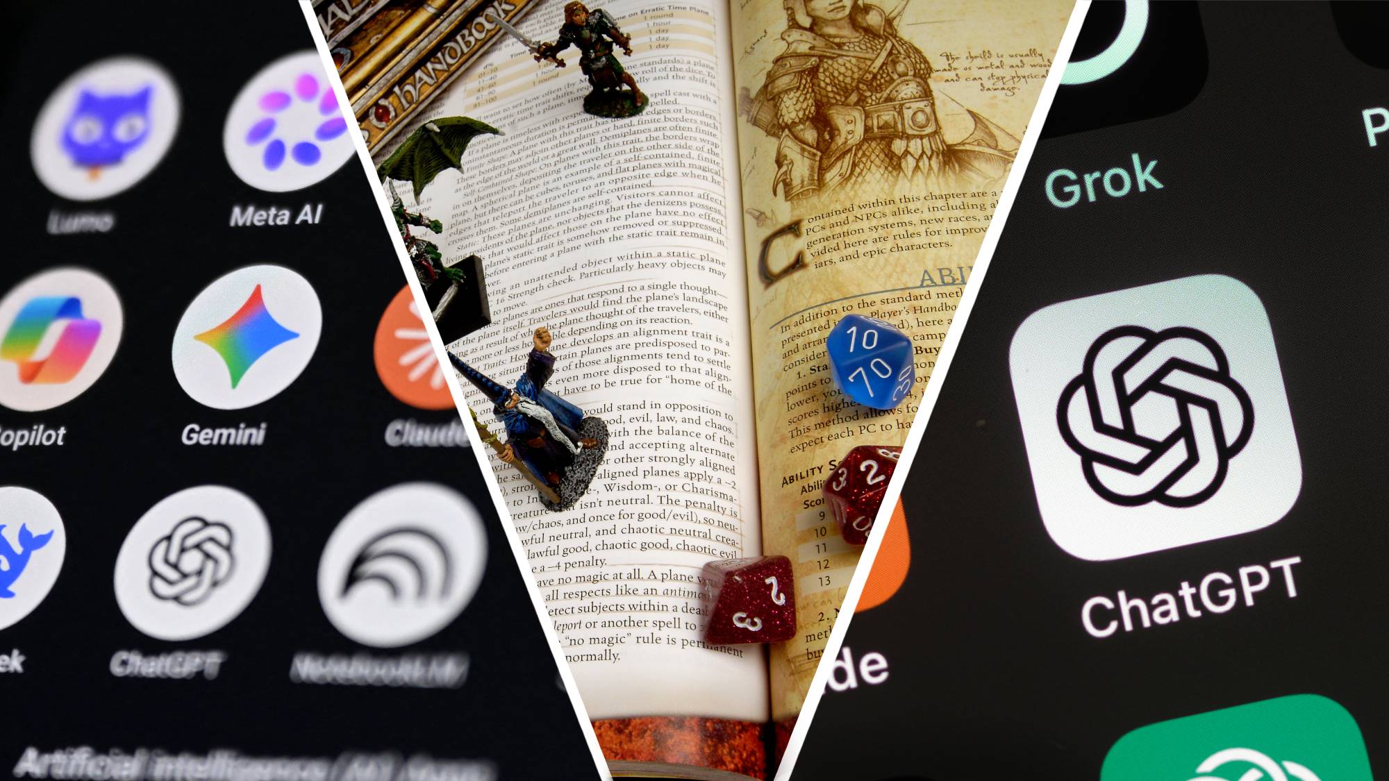 A D&amp;D book and dice, bookended by AI apps