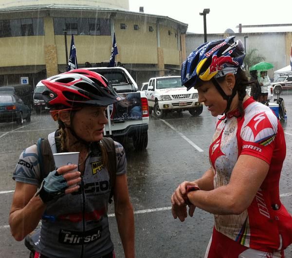 Louise Kobin (Global Biorythm Events) and Rebecca Rusch (Specialized) compare notes after the finish