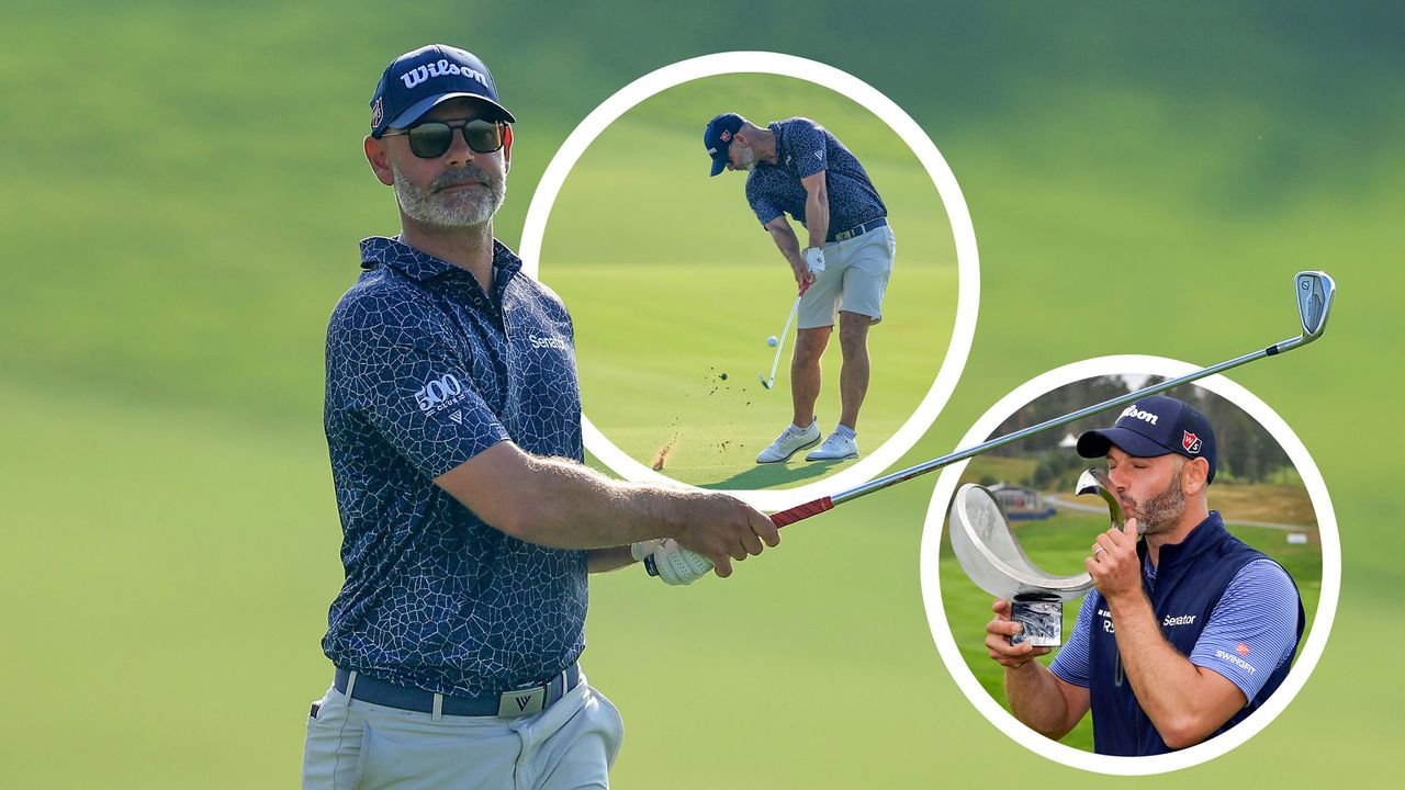 Paul Waring after hitting an iron shot at the 2024 Abu Dhabi HSBC Championship, with inset images of Paul Waring at impact position with an iron in the same tournament, and kissing the Nordea Masters trophy when he won on the DP World Tour