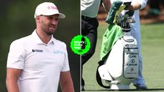 A close-up of Wyndham Clark and his golf bag
