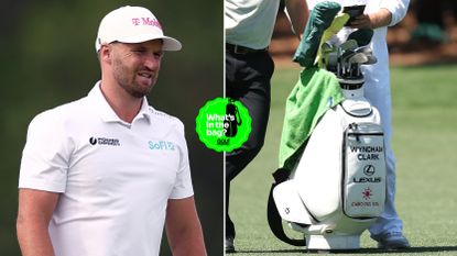 A close-up of Wyndham Clark and his golf bag