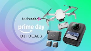 A collection of DJI drones, action cams and accessories on a green background with TechRadar Prime Day text overlay