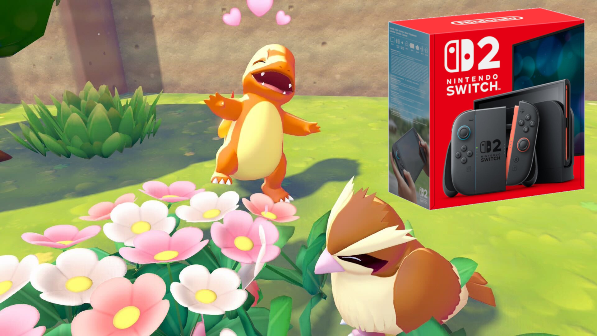 A screenshot from Pok&eacute;mon Pokemon featuring Charmander with hearts above his head, looking at a Nintendo Switch 2 console box