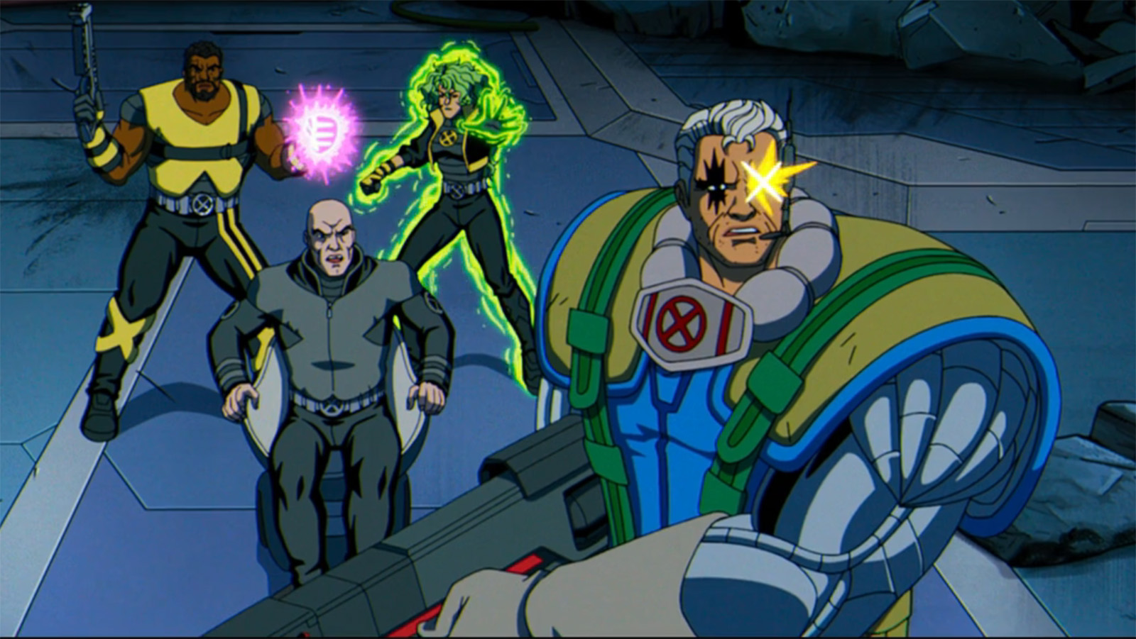 Bishop, Professor X, Polaris, and Cable looking shocked in X-Men '97 season 2 episode 9