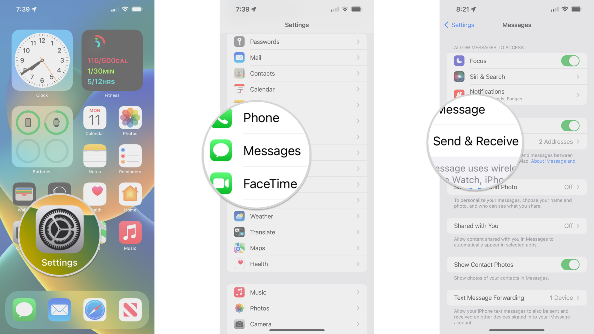 Как выйти из своего Apple ID в «Сообщениях» на iPhone, показав шаги: запустить «Настройки», нажать «Сообщения», нажать «Отправить и получить».