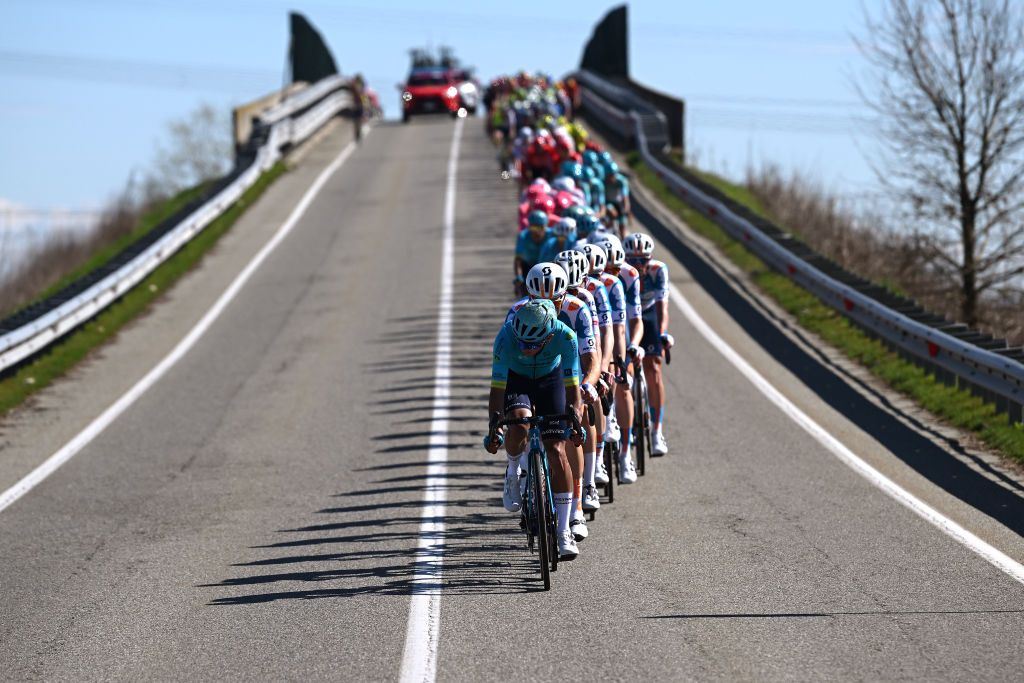 SALASSA ITALY MARCH 13 Harold Martin Lopez of Ecuador and Astana Qazaqstan Team leads the peloton during the 105th MilanoTorino 2024 a 177km one day race from Rho to Salassa 346m on March 13 2024 in Salassa Italy Photo by Dario BelingheriGetty Images