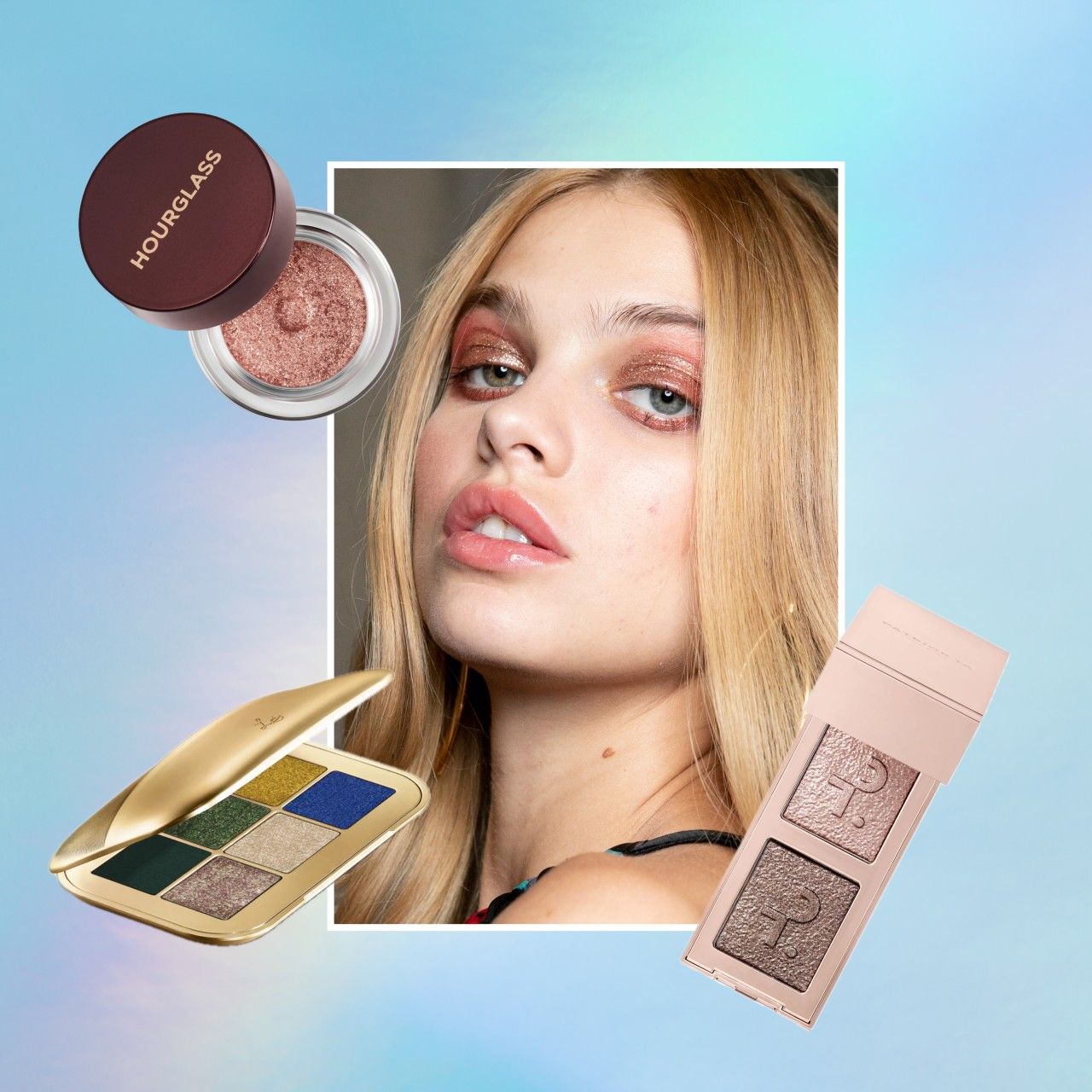 a collage of three different glitter eyeshadows next to a photo of a model wearing glitter eyeshadow