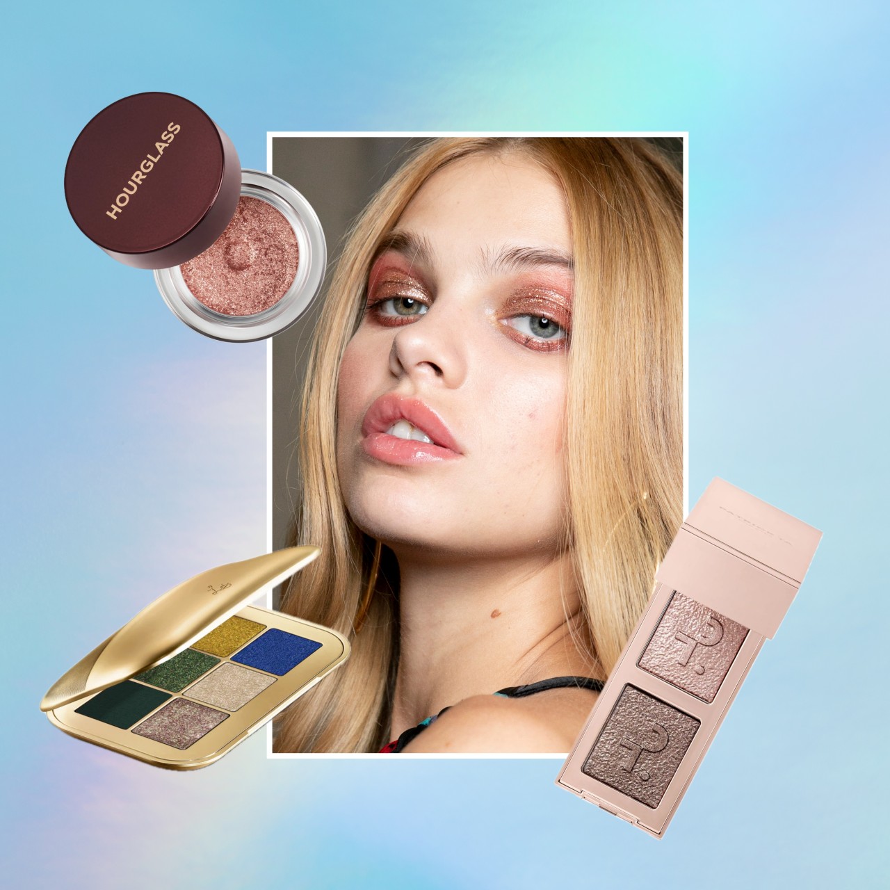 a collage of three different glitter eyeshadows next to a photo of a model wearing glitter eyeshadow