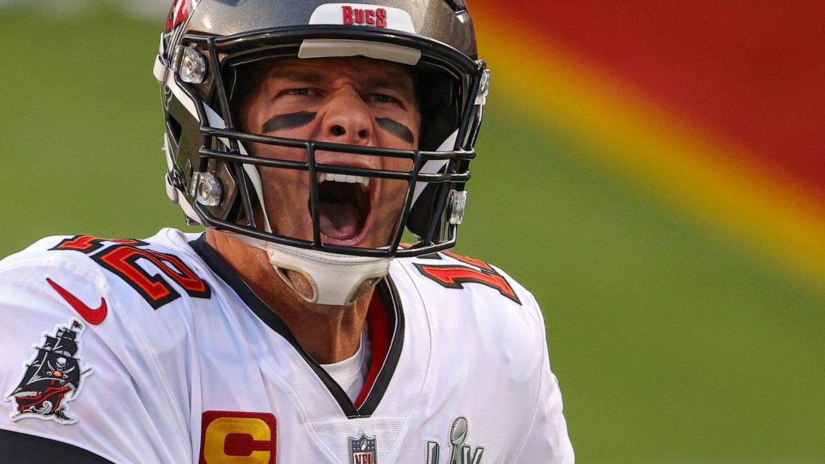 Tampa Bay Buccaneers QB Tom Brady yells as he takes the field against the Kansas City Chiefs in Super Bowl LV at Raymond James Stadium on Feb. 7, 2021 in Tampa, Florida.