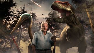 Sir David Attenborough holds an ammonite as a CGI pterosaur and T. rex loom behind him, with an asteroid streaking across the sky.