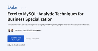 A screenshot of the Coursera website advertising the 'Excel to MySQL: Analytic Techniques for Business Specialization' course