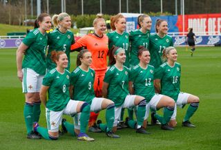 The Northern Ireland team line up prior to the Women's International Friendly match between England and Northern Ireland at St George's Park on February 23, 2021 in Burton upon Trent, England.