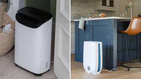 A Meaco compressor dehumidifier (left) and desiccant dehumidifier (right) in home settings