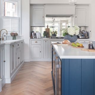 Grey and navy shaker kitchen with island