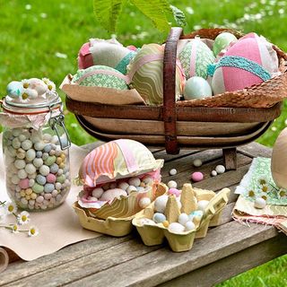 easter eggs with glass jar on table