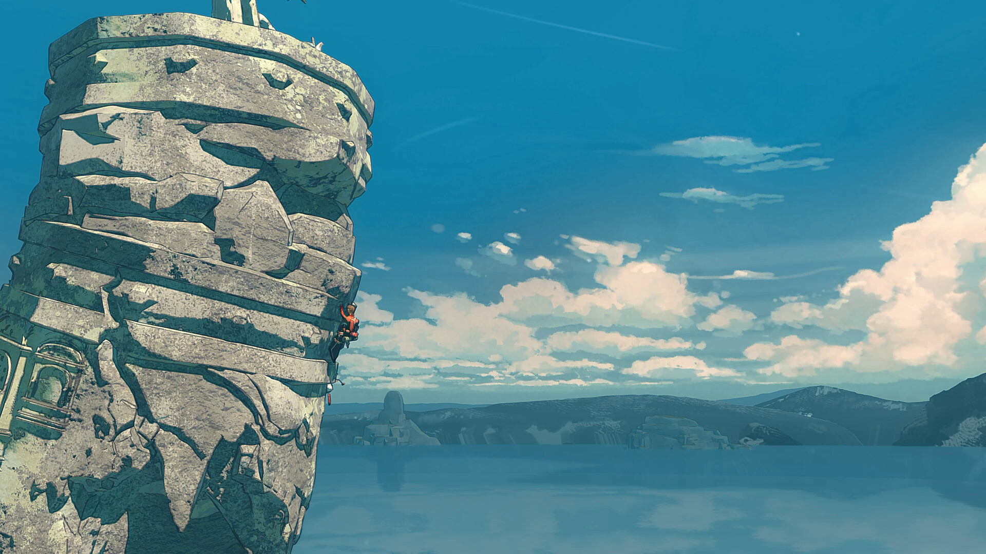 Marco climbing up a rock face in a screenshot from Cairn.