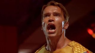 Arnold Schwarzenegger yells out in a yellow leotard in The Running Man