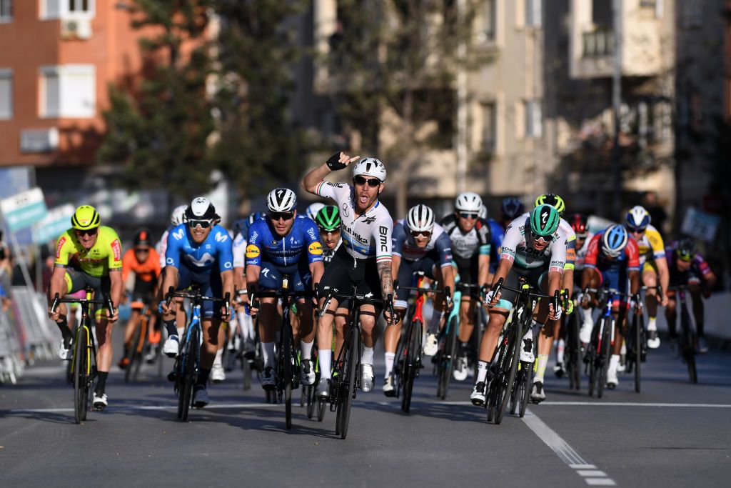 ROQUETAS DE MAR SPAIN FEBRUARY 14 Arrival Stijn Steels of Belgiumand Team Deceuninck QuickStep Giacomo Nizzolo of Italy and Team Team Qhubeka Assos Celebration Martin Laas of Estonia and Team BORA hansgroheduring the 34th Clsica de Almeria 2021 a 1833km race from Pueblo de Vicar to Roquetas de Mar ClasicaAlmeria21 on February 14 2021 in Roquetas de Mar Spain Photo by Tim de WaeleGetty Images