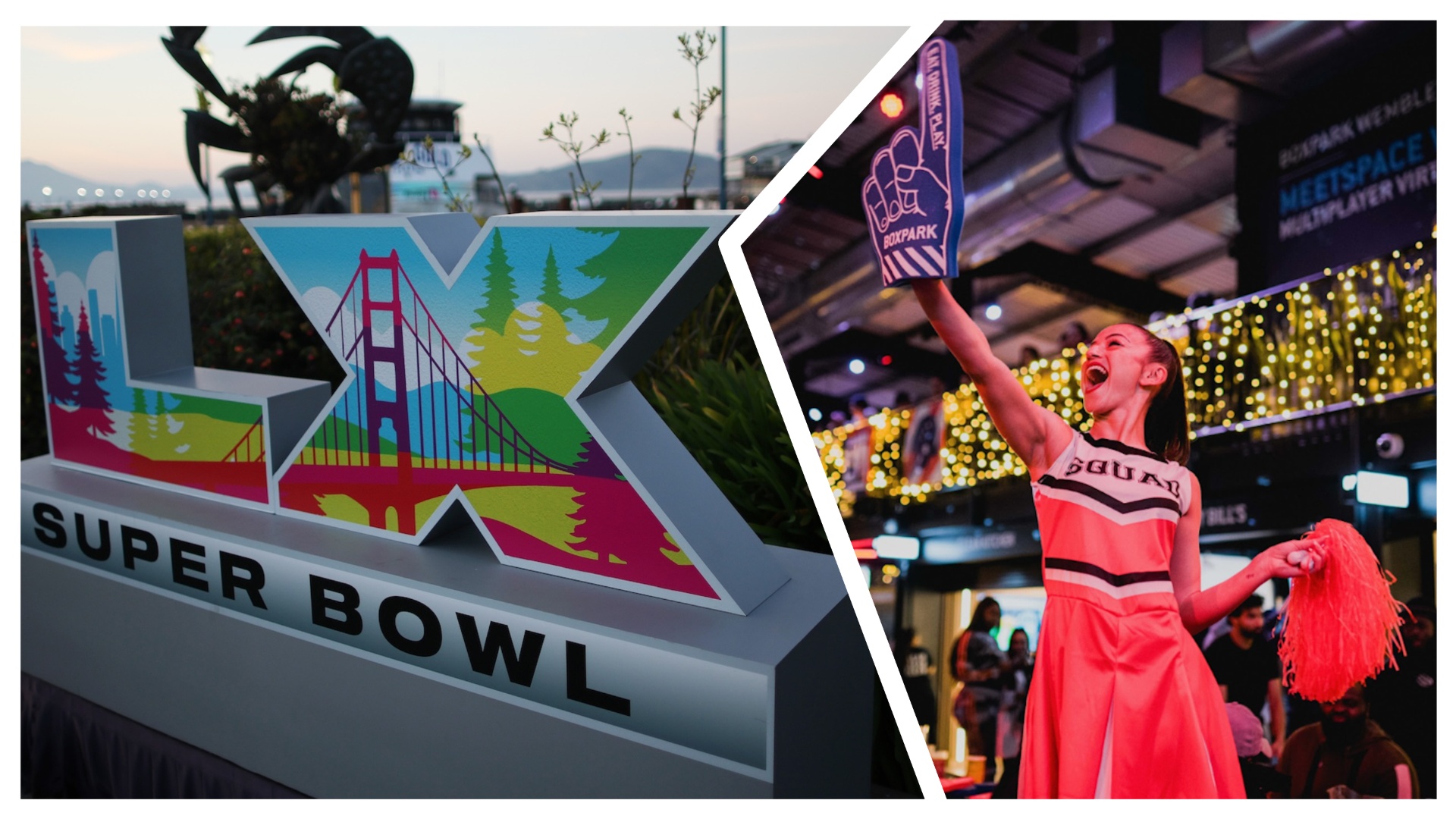  A view of Super Bowl LX signage at Pier 39 is seen on / Boxpark 