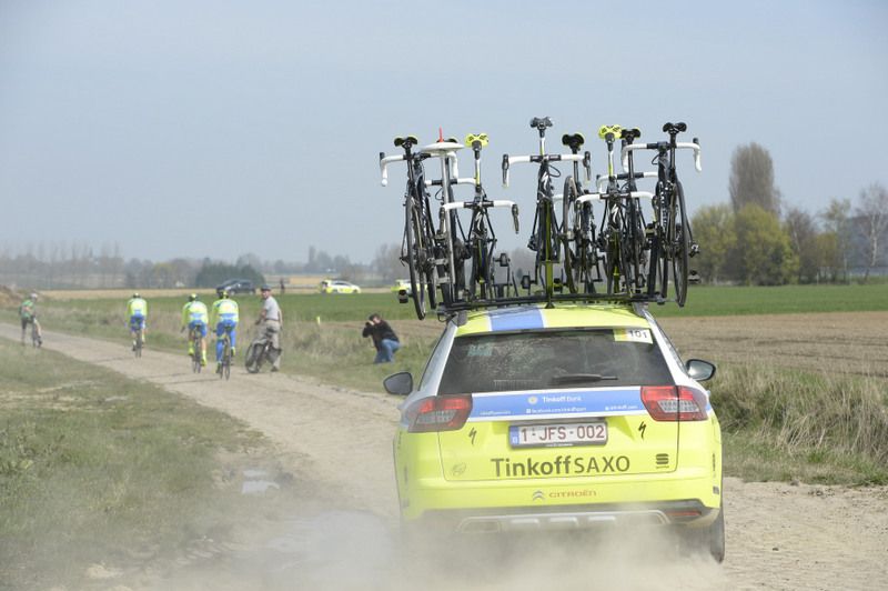 The Tinkoff-Saxo car on the Orchies