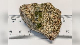 a speckled rock sits on a ruler.