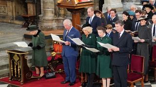 Queen Elizabeth II, Prince Charles, Prince of Wales and Camilla, Duchess of Cornwall, the Princess Royal, Vice Admiral Sir Tim Laurence. (second row left to right) The Duke of Cambridge, Prince George, Princess Charlotte, the Duchess of Cambridge during a Service of Thanksgiving for the life of the Duke of Edinburgh, at Westminster Abbey on March 29, 2022 in London, England.