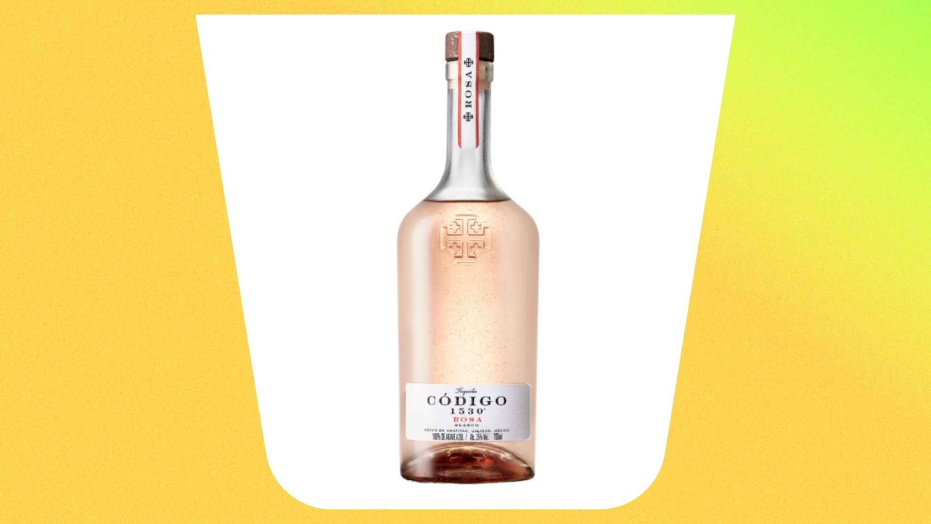 an image of the C&oacute;digo 1530 Rosa Tequila bottle in a white cut out glass shape against a yellow-green gradient background