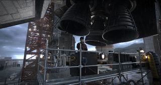 NASA executive and former astronaut Jo Fowler (Halle Berry) stands underneath the space shuttle Endeavour on the launch pad at Vandenberg Space Force Station in "Moonfall."