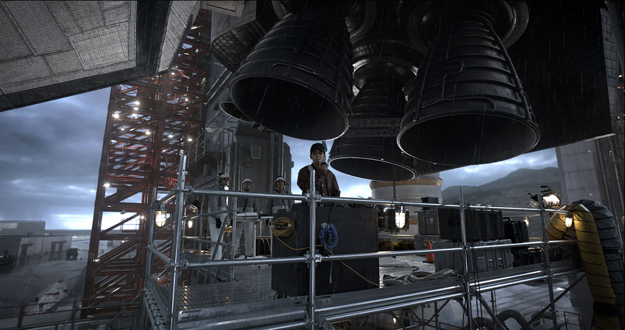 NASA executive and former astronaut Jo Fowler (Halle Berry) stands underneath the space shuttle Endeavour on the launch pad at Vandenberg Space Force Station in 