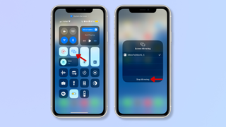 Screenshots of an iPhone displaying the Control Center and red arrows pointing at the Screen Mirror icon and at Stop Mirroring. 