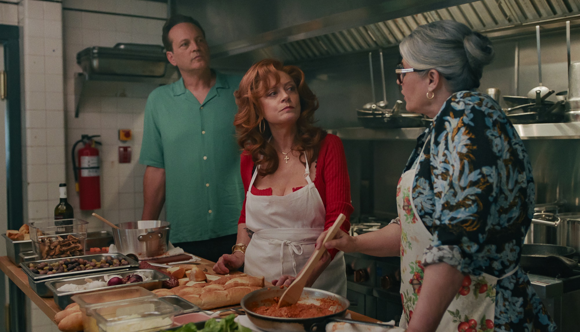 (From L to R) Vince Vaughn as Joe Scaravella, Susan Sarandon as Gia and Lorraine Bracco as Roberta in Nonnas on Netflix