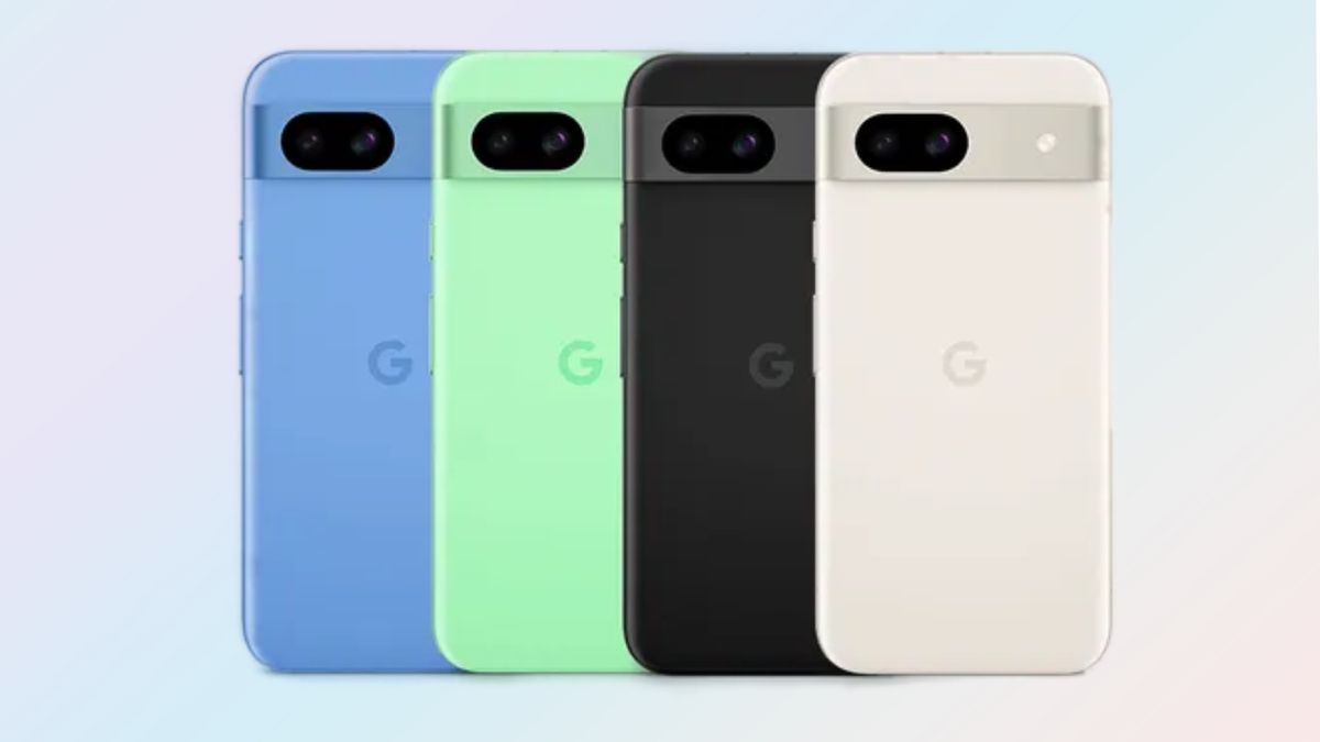 google pixel 8a rear view in black, blue, green and white on a rainbow background